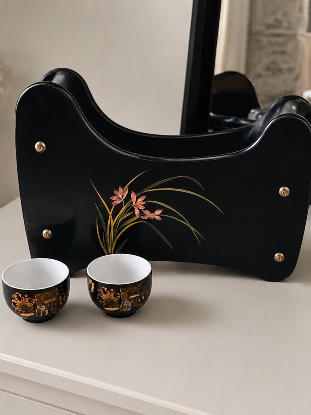 Japanese Lacquer Decorative Organizer Hand painted Black Floral Inlay + Tea Cups